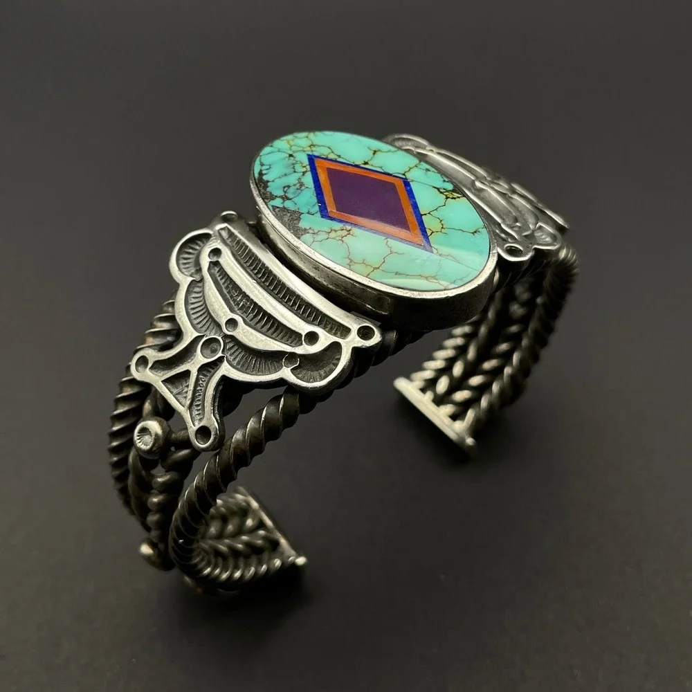 Vintage Navajo Ray Tracey & Knifewing Segura Sterling Silver Inlay Cuff Bracelet - Picture 8 of 16